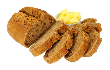Rustic stone baked sourdough crusty bread bloomer loaf with red rye multigrains isolated on a white background