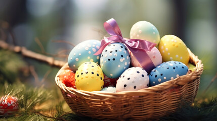 Fototapeta na wymiar Happy easter. Multi-colored Easter eggs in a wicker wooden basket for holiday decoration. Copy space. Symbol of the resurrection of Jesus.
