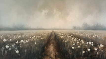 Digital painting of white dandelions in a foggy field.