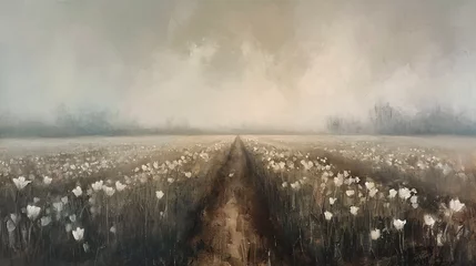 Fotobehang Digital painting of white dandelions in a foggy field. © Argun Stock Photos