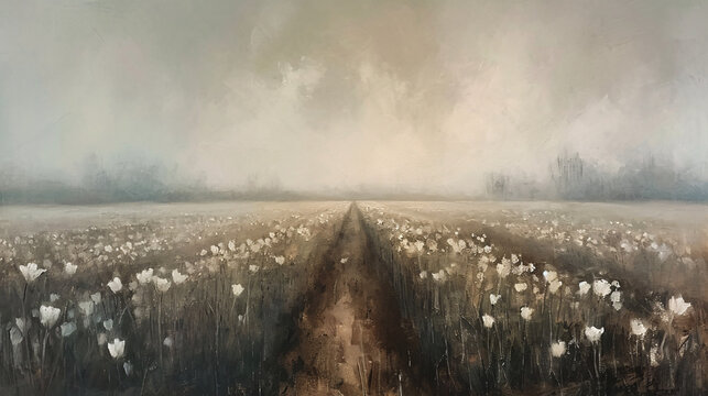 Digital painting of white dandelions in a foggy field.