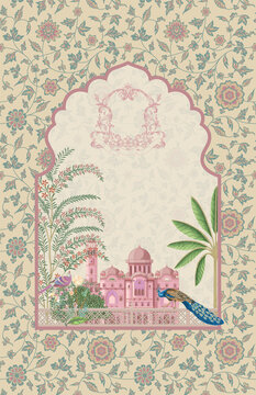 Mughal decorative garden, arch, pattern frame with peacock and plants illustration for invitation