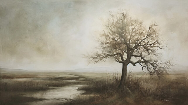 Digital painting of a lonely tree in the field with a lake in the background
