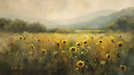 Sunflowers on a meadow in the mountains. Digital painting.