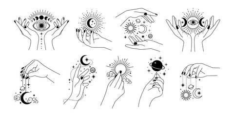 Magic woman hands. Sketch mystic female hands with planets, star, moon and sun. Minimalist style astrology tattoo elements. Vector set - obrazy, fototapety, plakaty