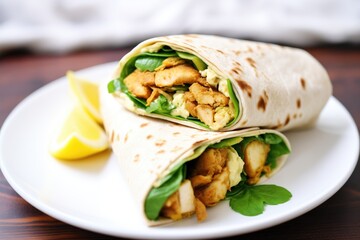 chicken shawarma wrap cut in half, showing the filling