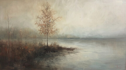 Abstract painting of a tree in a foggy lake. Digital painting.