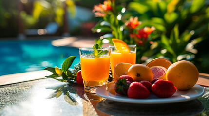 fruit cocktails near the pool. Selective focus.