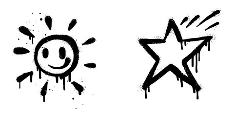 Spray painted graffiti sun and Star sign in black over white. Star drip symbol.  isolated on white background. vector illustration © Receh Lancar Jaya
