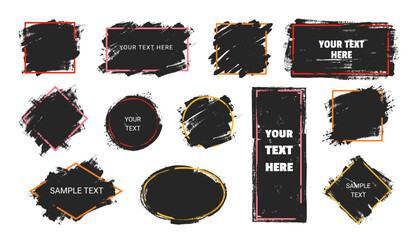 Grunge frame and background. Black ink brush square. Paint texture template for text composition. Grunge splatter banner for quote frames. Vector set - Powered by Adobe