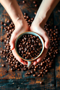 coffee beans and a cup of coffee in hands. Selective focus.