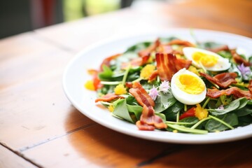 brightly lit spinach salad with warm bacon dressing drizzled over