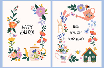 Fototapeta na wymiar Happy Easter vector card with spring quote. Pretty, cute hand-drawn design of Spring elements featuring rabbit, eggs, spring flowers, bees. Ready to print template for T-shirt design, greeting card. 