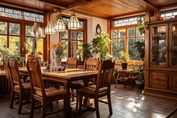 Interior design of a warm and charming wooden dining room with a vibrant, distinctive style for home renovations and furniture. Generative AI