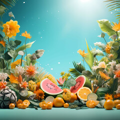 Obraz na płótnie Canvas Welcome Summer Background, A Group Of Fruit And Flowers