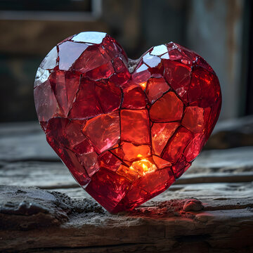 Shattered heart-shaped ruby glass
