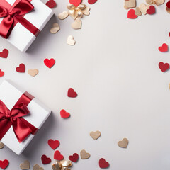 Valentine day composition: white gift boxes with bow and red felt hearts, photo template, background. Top View. View from above Generative AI