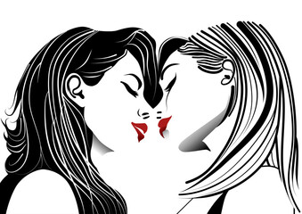 Vector illustration showing two young women kissing. White, black, gray, red against a transparent background.