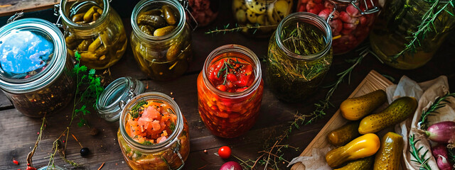 various preserves on the table. Selective focus.