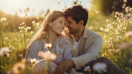 a romantic couple in love sits in an embrace on a spring meadow with flowers