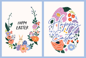 Happy Easter vector card with spring quote. Pretty, cute hand-drawn design of Spring elements featuring rabbit, eggs, spring flowersPrint