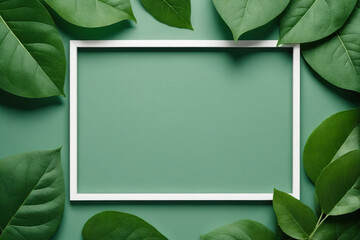 Creative layout, green leaves with white frame, flat lay, for advertising card or invitation