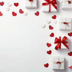 Valentine day composition: white gift boxes with bow and red felt hearts, photo template, background. Top View. View from above Generative AI