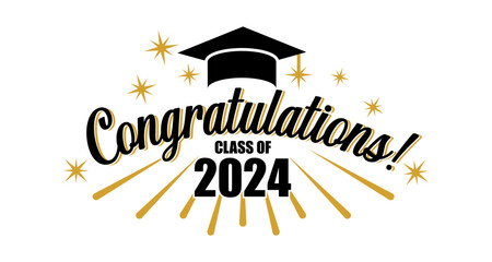 Congratulations greeting card. Graduation class of 2024 party poster with lettering, academic graduation cap and golden firework. Congratulation ceremony vector banner - obrazy, fototapety, plakaty