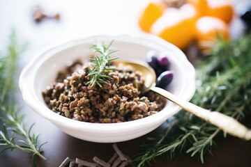 close-up of olive tapenade in a ceramic bowl with a silver spreader