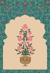 Mughal decorative arch frame with plant illustration for wallpaper background and wedding invitation