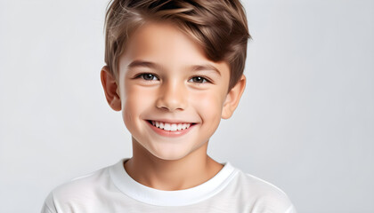 White background photo of professional portrait of cute blond Caucasian boy child model smiling with perfect clean teeth. For advertising, web design, etc.