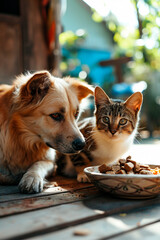 a dog and a cat eat from the same plate. Selective focus.