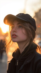 beautiful young woman with cap on sunset 