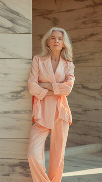 eldery woman in elegant peach color suit outdoors, street fashion