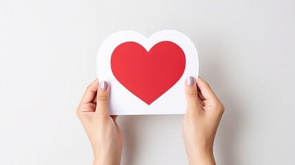 girl holding a card with a heart in her hands, valentine on a neutral background, selective focus