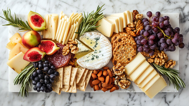 Gourmet Cheese and Fruit Platter on Marble Background