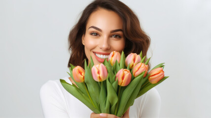 beautiful young girl model with a bouquet of tulip flowers, international women's day, warm relationship care and attention, selective