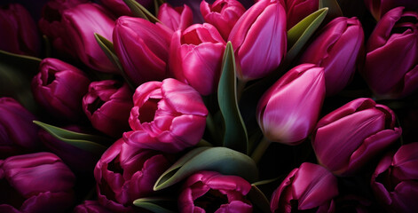 beautiful background of burgundy tulip flowers on dark background, floral spring natural background