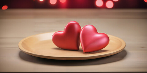 two Valentine hearts on a wooden table plate with bokeh lights background