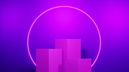 Podium for product demonstration. Three dimensional stage on purple background with neon lights. Front view.