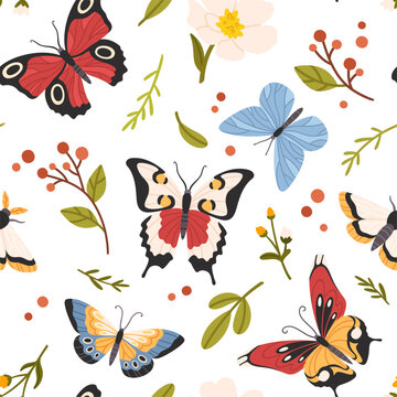 Butterfly seamless pattern. Cute flying butterflies and spring flowers with leaves, colorful fluttering summer moths and wildflowers. Vector texture