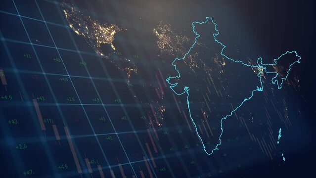 CG Footage of India economic development and financial potential. Against the background of luminous continents, a map of India is highlighted, flooded with flag. Graphs and numerical indicators move