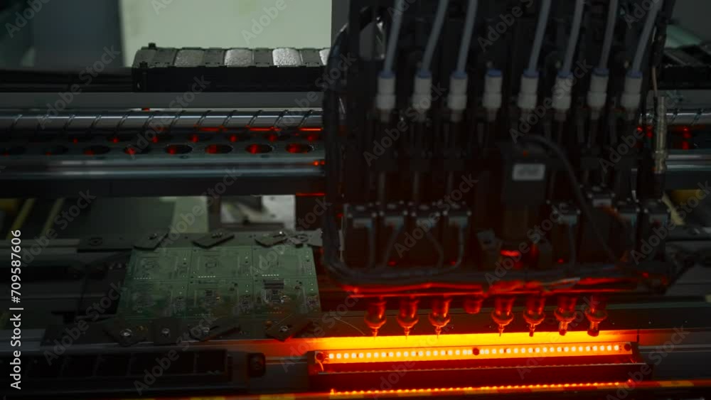 Poster production line with computer processors on electronics factory. creative. microchip production proc