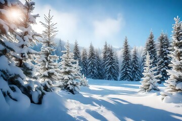 Beautiful landscape with snow covered fir trees and snowdrifts.Merry Christmas and happy New Year greeting background with copy-space.Winter ..