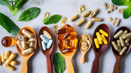  dietary supplements and vitamins in various forms, indicating health, wellness, and nutritional support