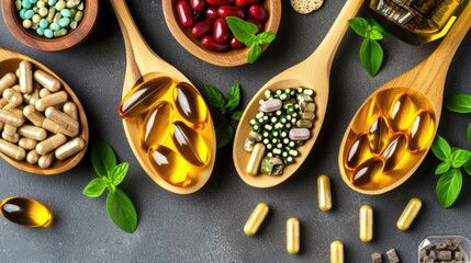  dietary supplements and vitamins in various forms, indicating health, wellness, and nutritional support - obrazy, fototapety, plakaty