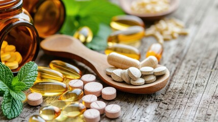  dietary supplements and vitamins in various forms, indicating health, wellness, and nutritional support