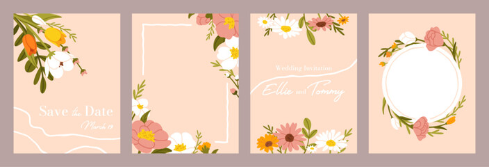 Wedding flower poster. Card with spring flowers for wedding invitation, decorative greeting floral cards with wildflowers bouquet. Vector flyer templates set