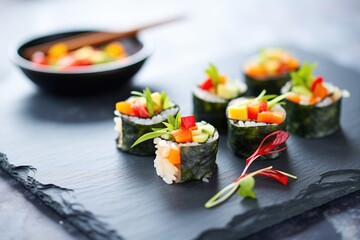 veggie sushi rolls on a black slate board