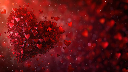 A heart composed of myriad smaller hearts floats amidst a dreamy red bokeh backdrop, symbolizing deep love and passion